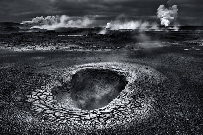 Monochrome photo of iceland fumaroles